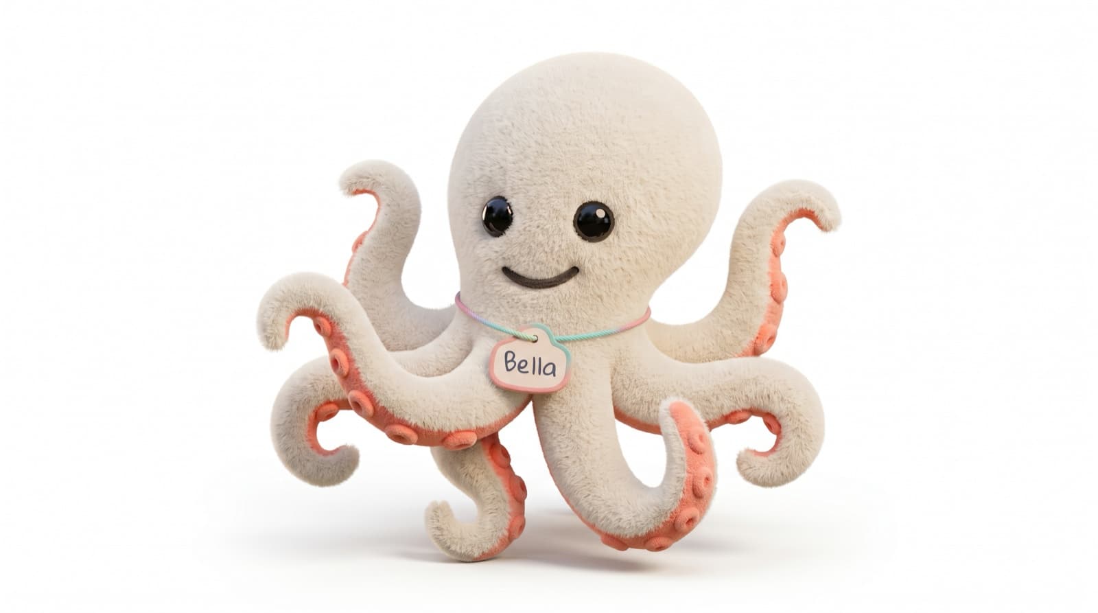Bella, a cream plush octopus with coral suckers, wearing a name tag that reads Bella